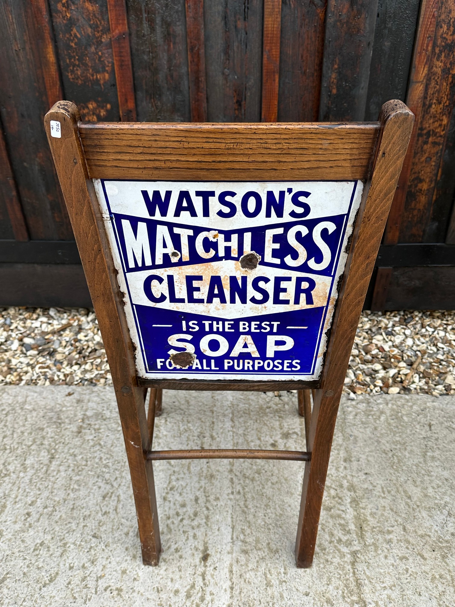 A Nubolic Soap 'A Safe Disinfectant' enamelled back advertising chair with Watson's Matchless - Image 2 of 2