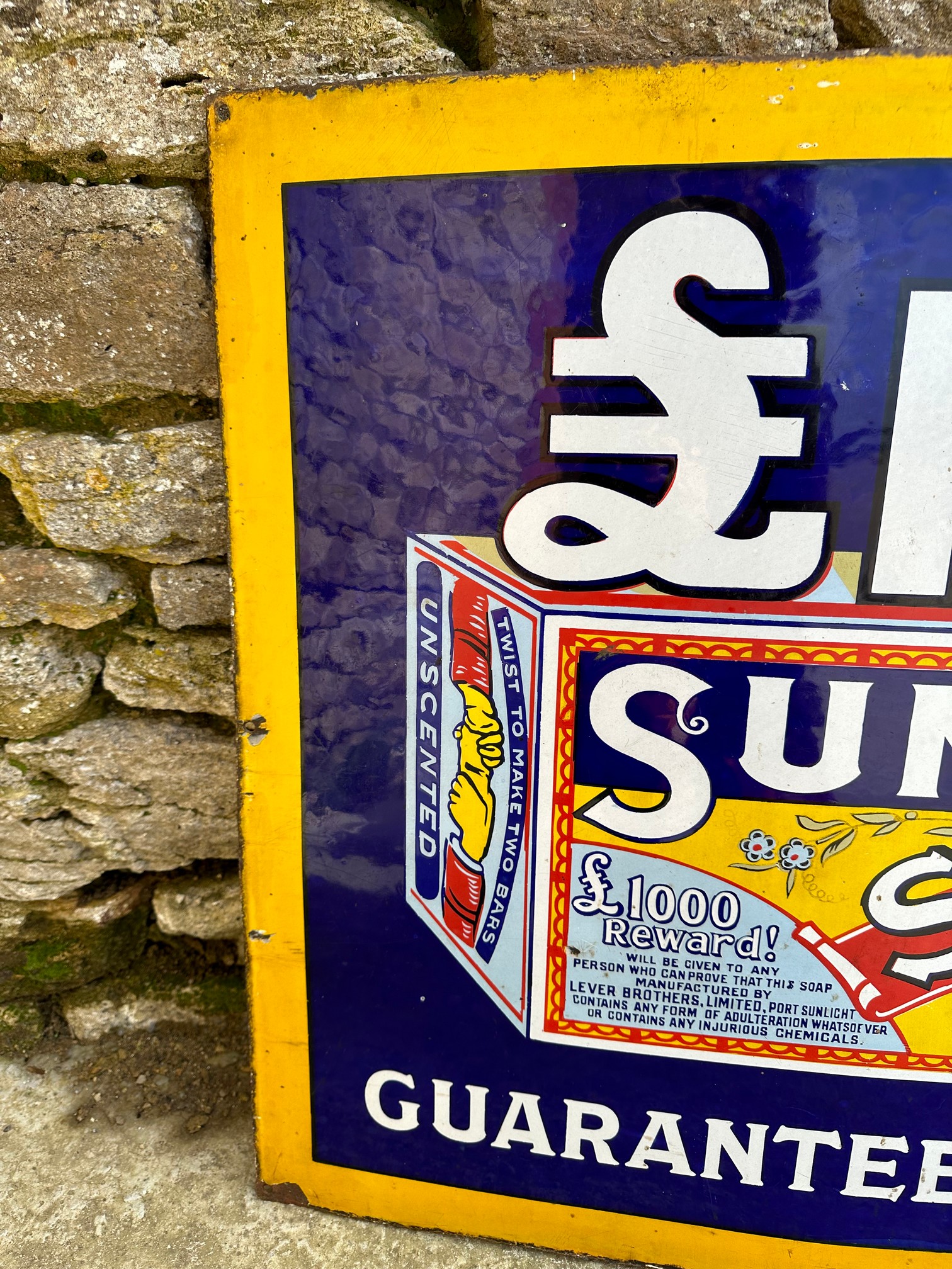 A Sunlight Soap £1,000 Guarantee of Purity pictorial enamel advertising sign, 36 x 27". - Image 3 of 6