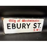 A City of Westminster enamel road sign for Ebury St. S.W.1, 30 x 12".