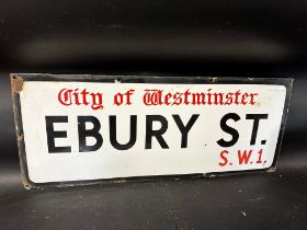 A City of Westminster enamel road sign for Ebury St. S.W.1, 30 x 12".