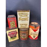 Five confectionery tins: Radiance Hazel-Nut Toffee 7 3/4" tall, Waller's Toffee All-Sorts, Ascot