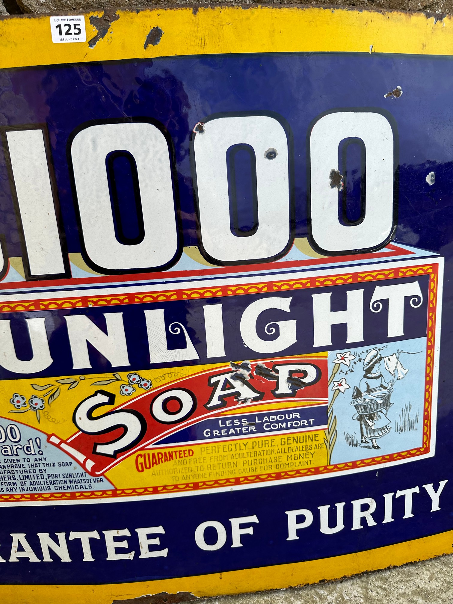 A Sunlight Soap £1,000 Guarantee of Purity pictorial enamel advertising sign, 36 x 27". - Bild 5 aus 6