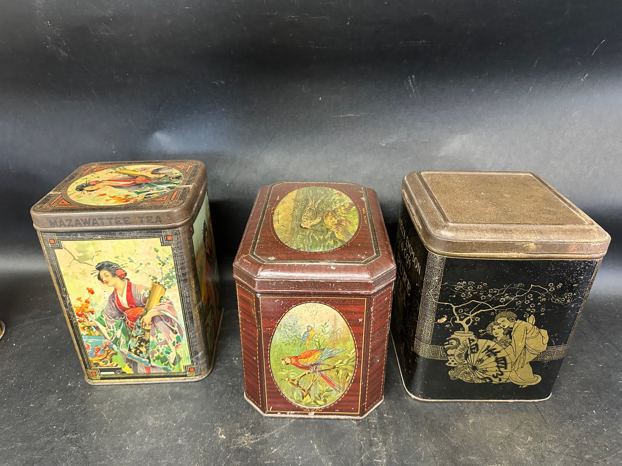 Three tea tins: Mazawattee 3lbs tin with designs of Oriental ladies, The Liverpool China & India Co. - Image 6 of 9