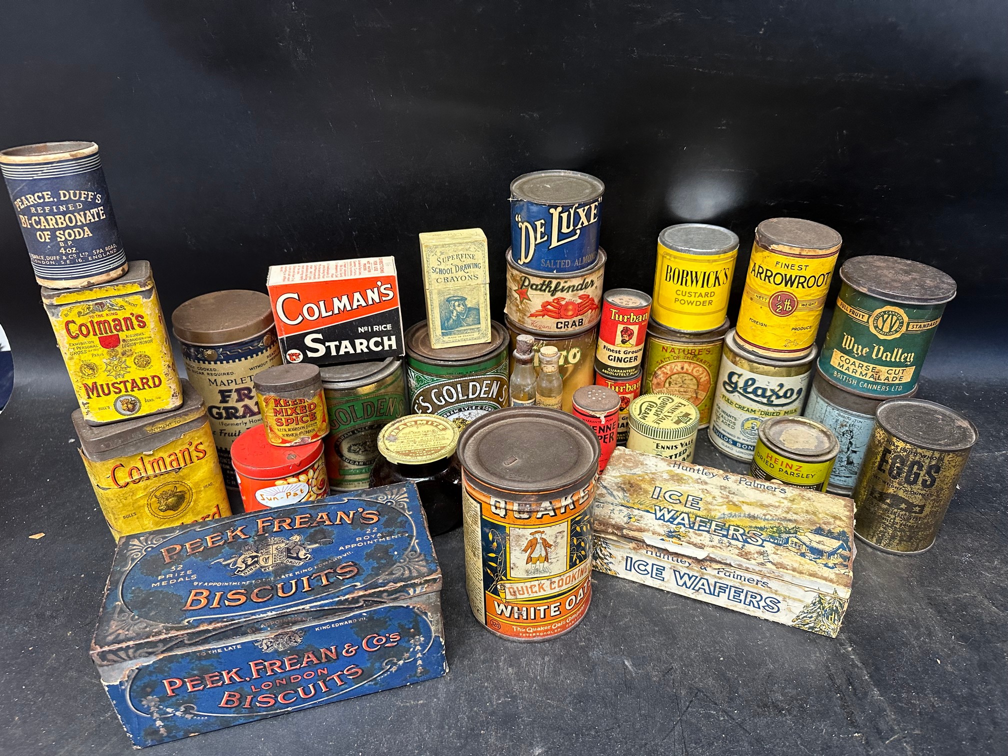 A selection of early food packaging (many with contents) inc. Peek Frean's Biscuits, Quaker White