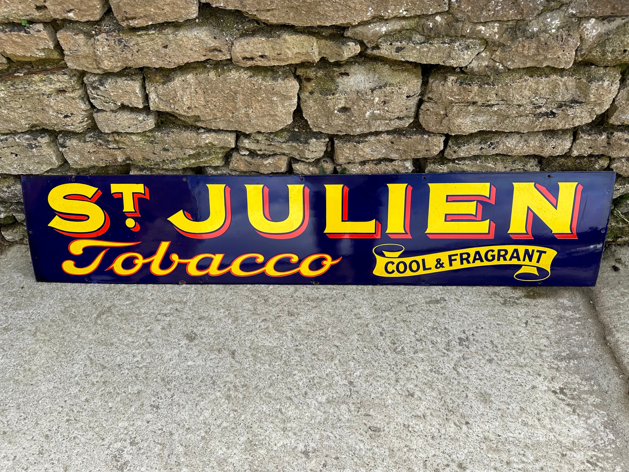 A St. Julien Tobacco 'Cool and Fragrant' enamel advertising sign, good gloss, 60 1/4 x 12".