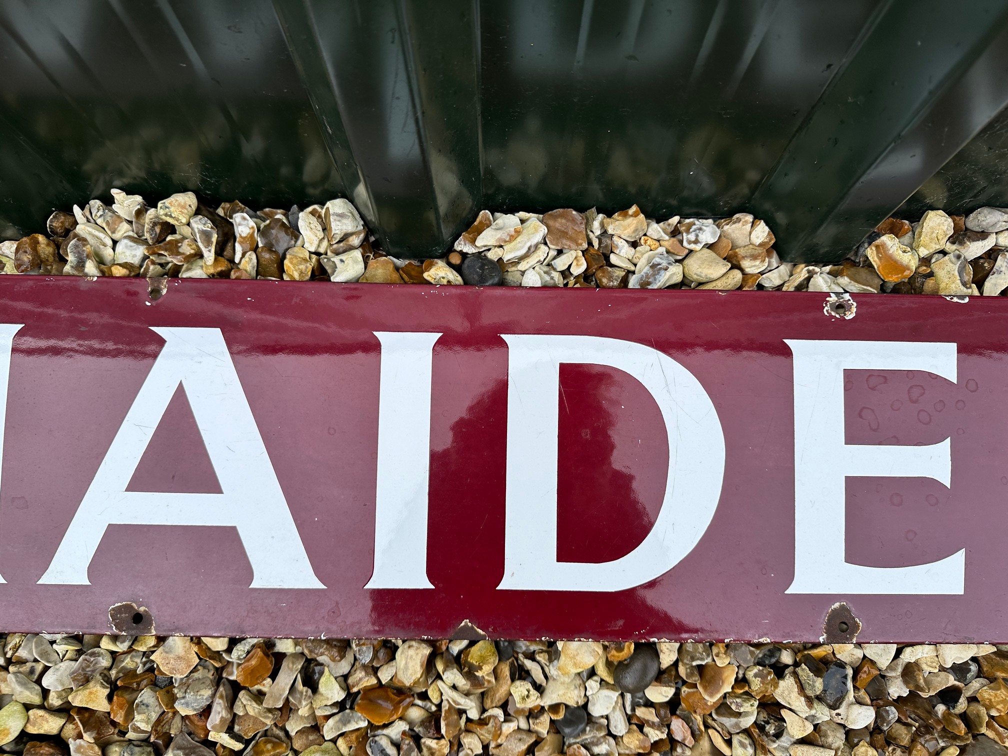 A Maiden enamel railway sign, 48 x 8". - Bild 4 aus 5