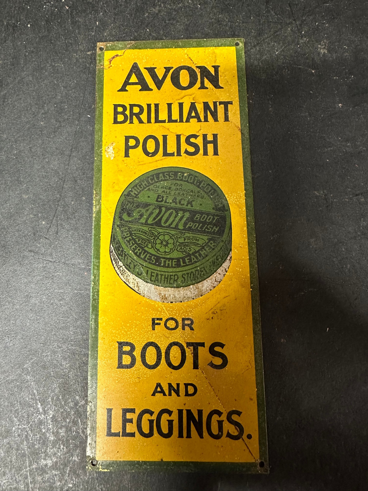 A tin finger plate advertising Avon Brilliant Polish For Boots and Leggings, 3 x 8".