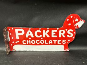 A Packer's Chocolates die cut double sided enamel advertising sign in the form of a dog, with