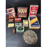 A selection of advertising including Oxo tins, a John Bull repair outfit, Orlox Beef Suet boxes,