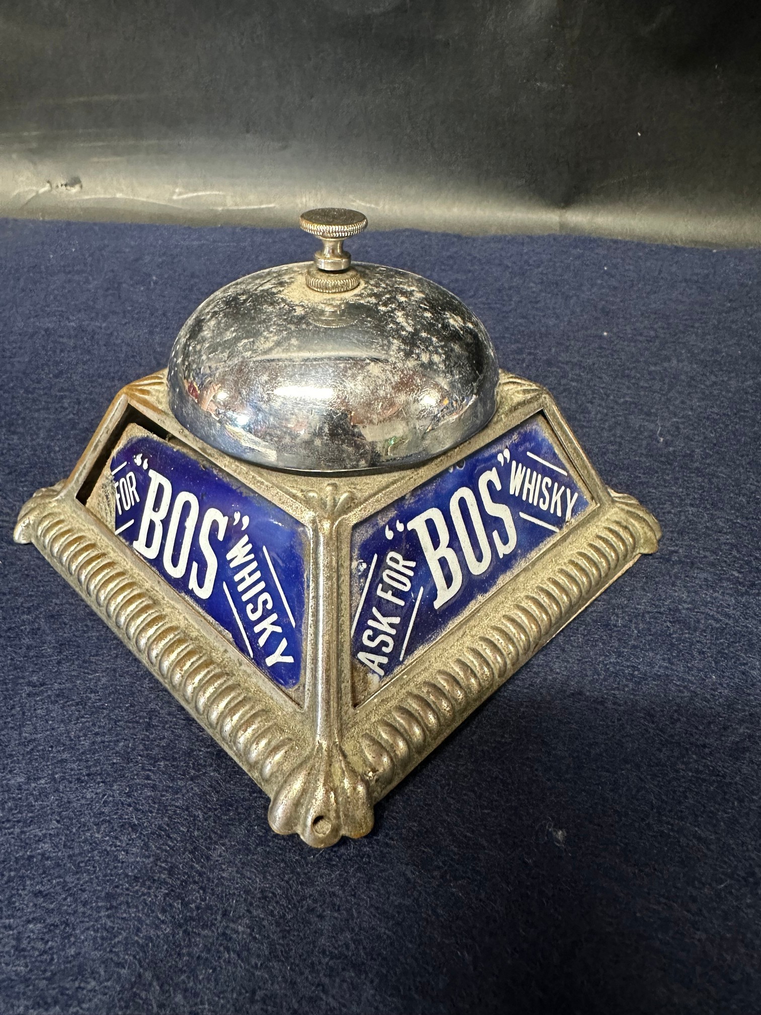 A very rare Bos Whisky counter top bell with four enamel side panels, the base 4.5 x 4.5". - Image 2 of 4