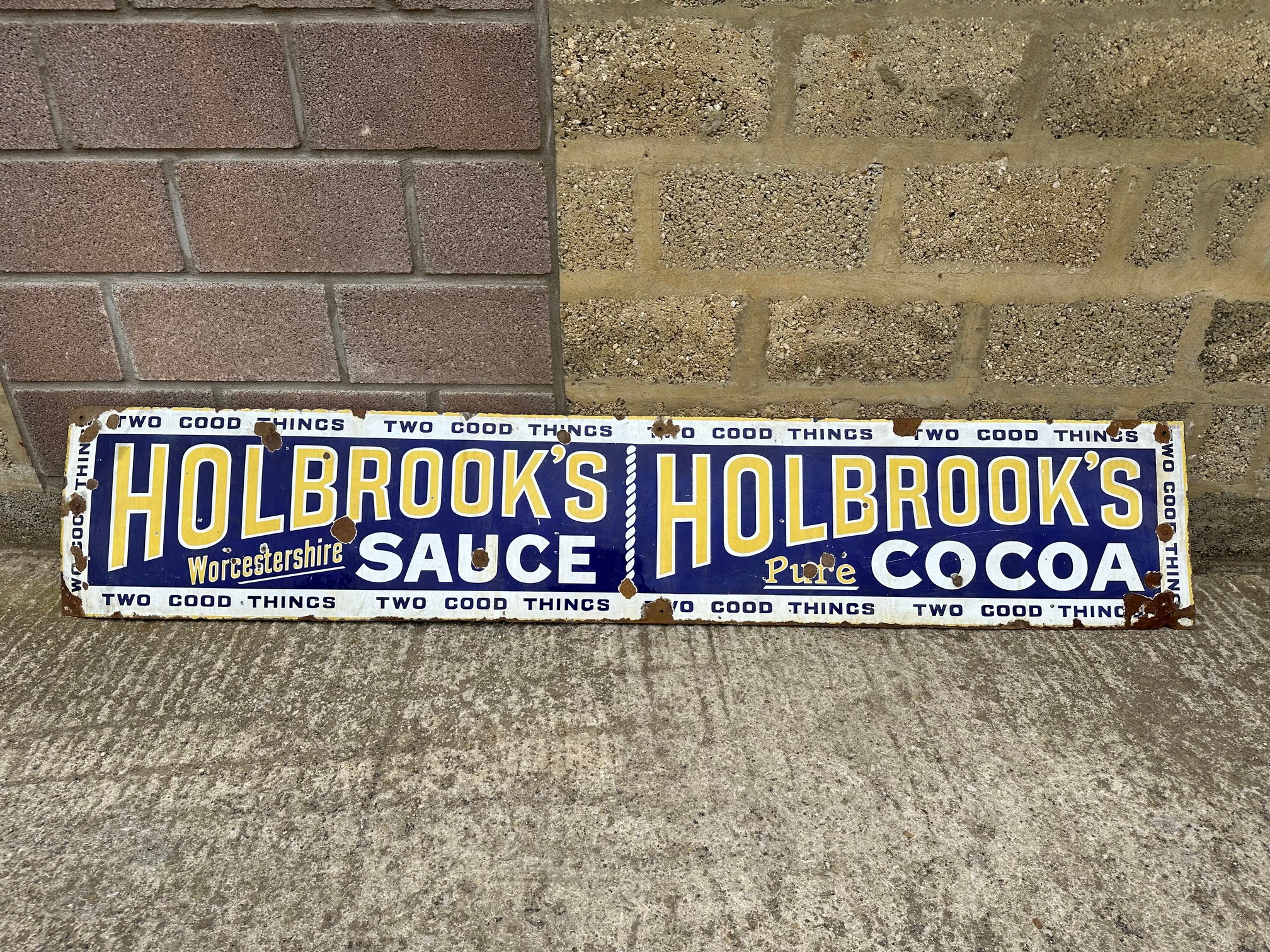 A large Holbrook's Worcestershire Sauce and Pure Cocoa 'Two Good Things' enamel advertising sign, 96