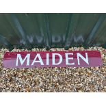 A Maiden enamel railway sign, 48 x 8".