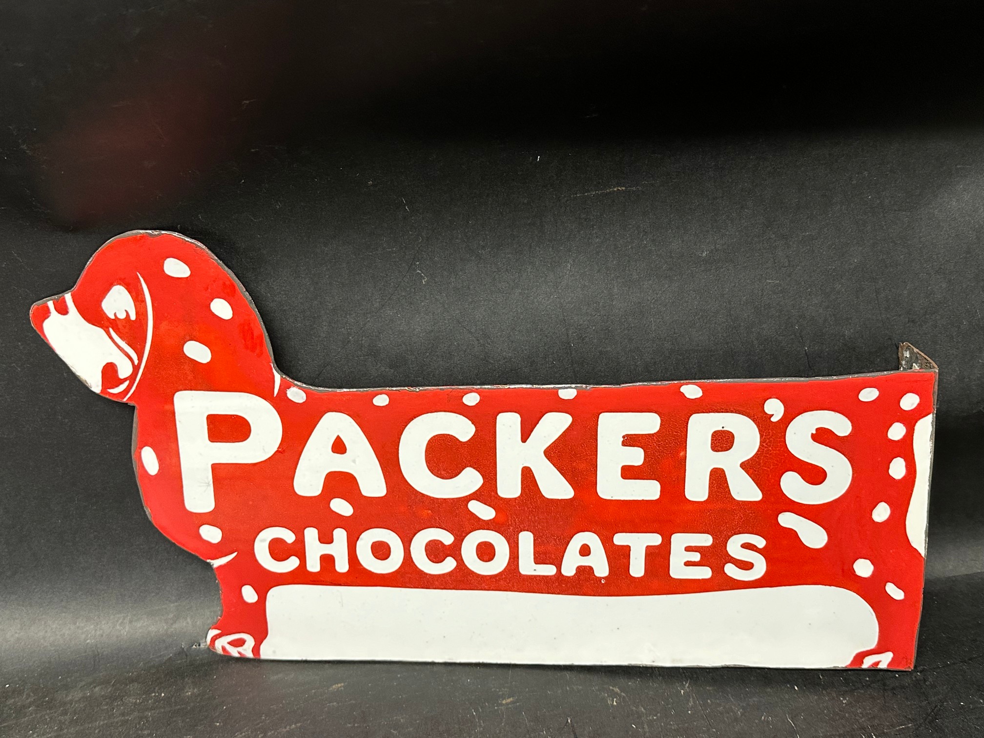 A Packer's Chocolates die cut double sided enamel advertising sign in the form of a dog, with - Image 7 of 13