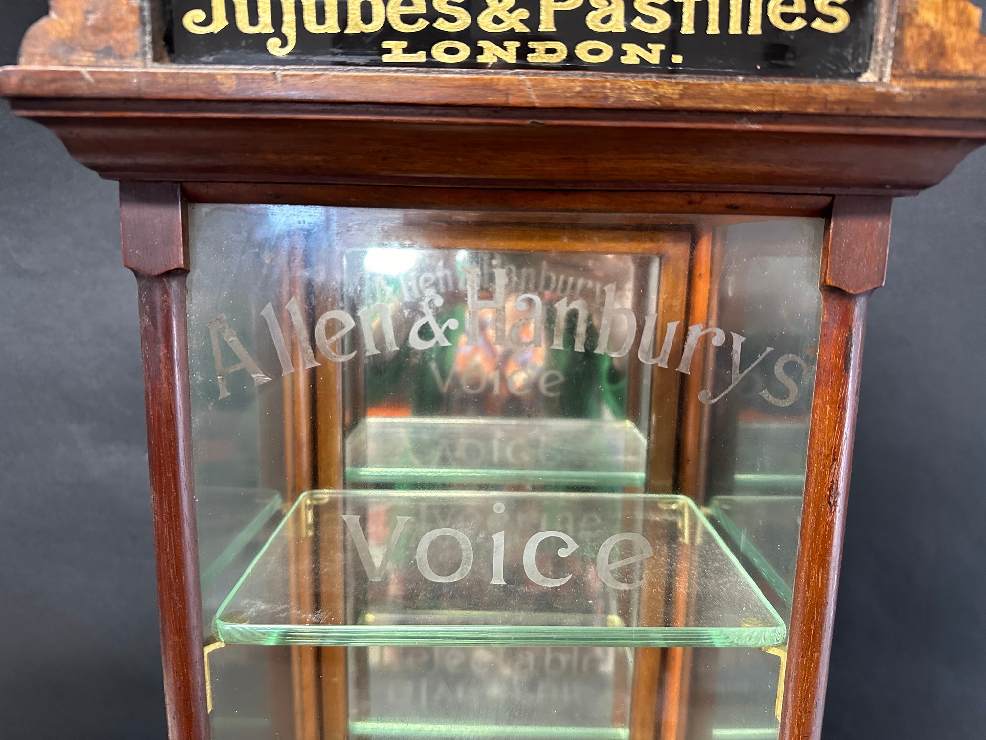 An Allen & Hanburys' Jujubes & Pastilles display cabinet with glass pediment and etched Voice, - Image 3 of 10