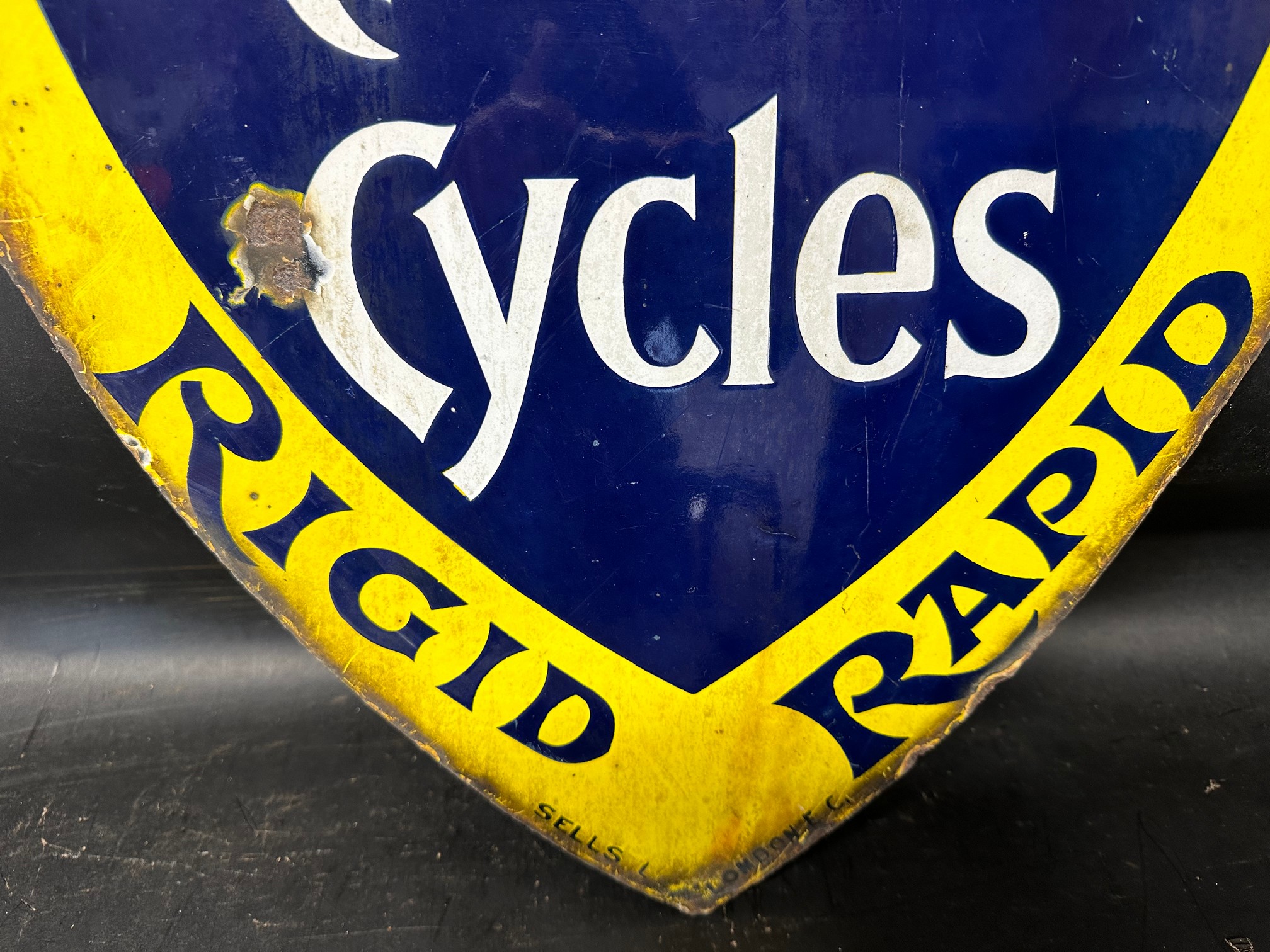 A Raleigh Cycles - Reliable, Rigid Rapid shield-shaped double sided enamel advertising sign, 17 3/ - Image 5 of 6