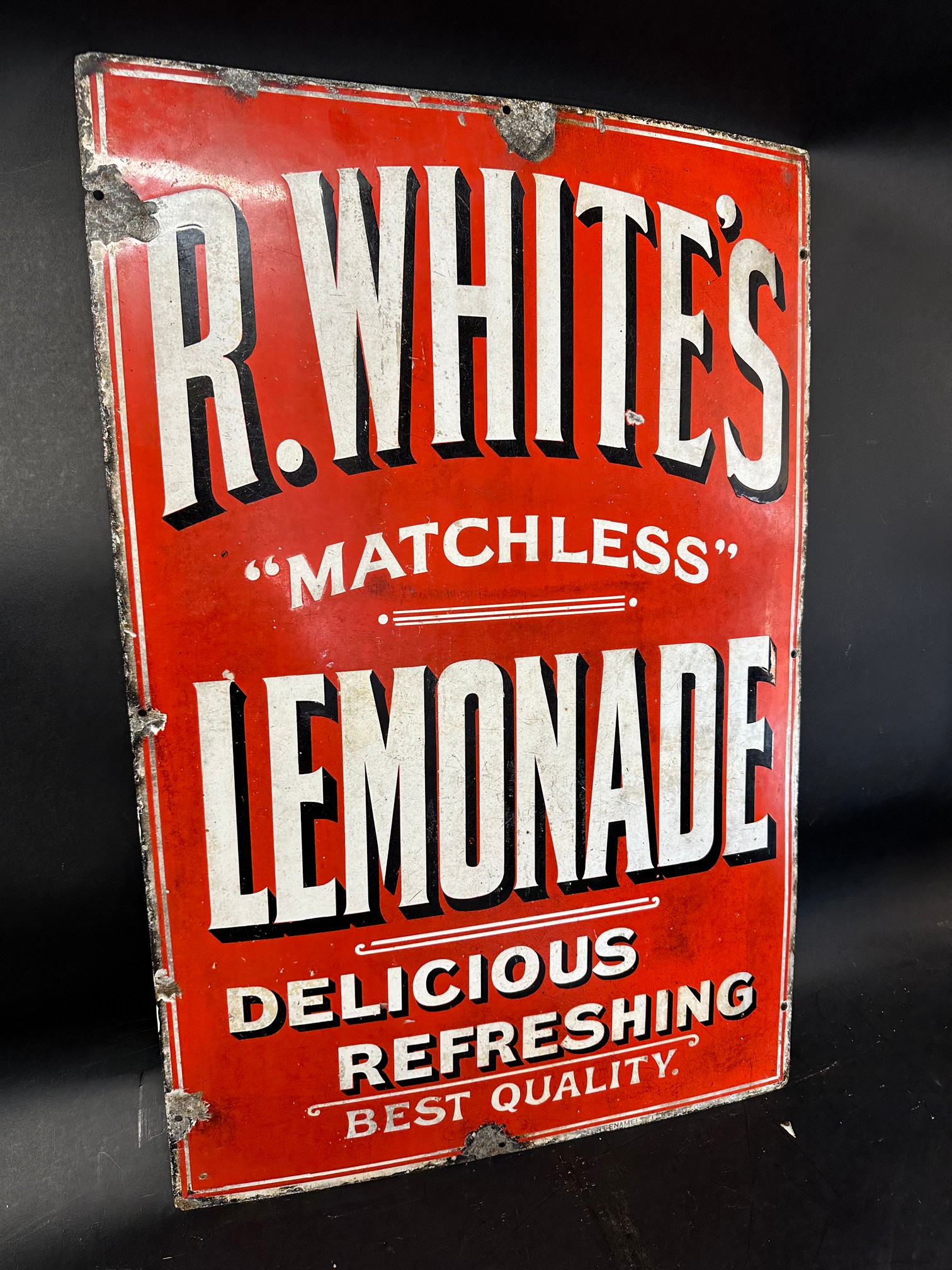 An R. White's "Matchless" Lemonade enamel advertising sign for Delicious Refreshing Best Quality, 20