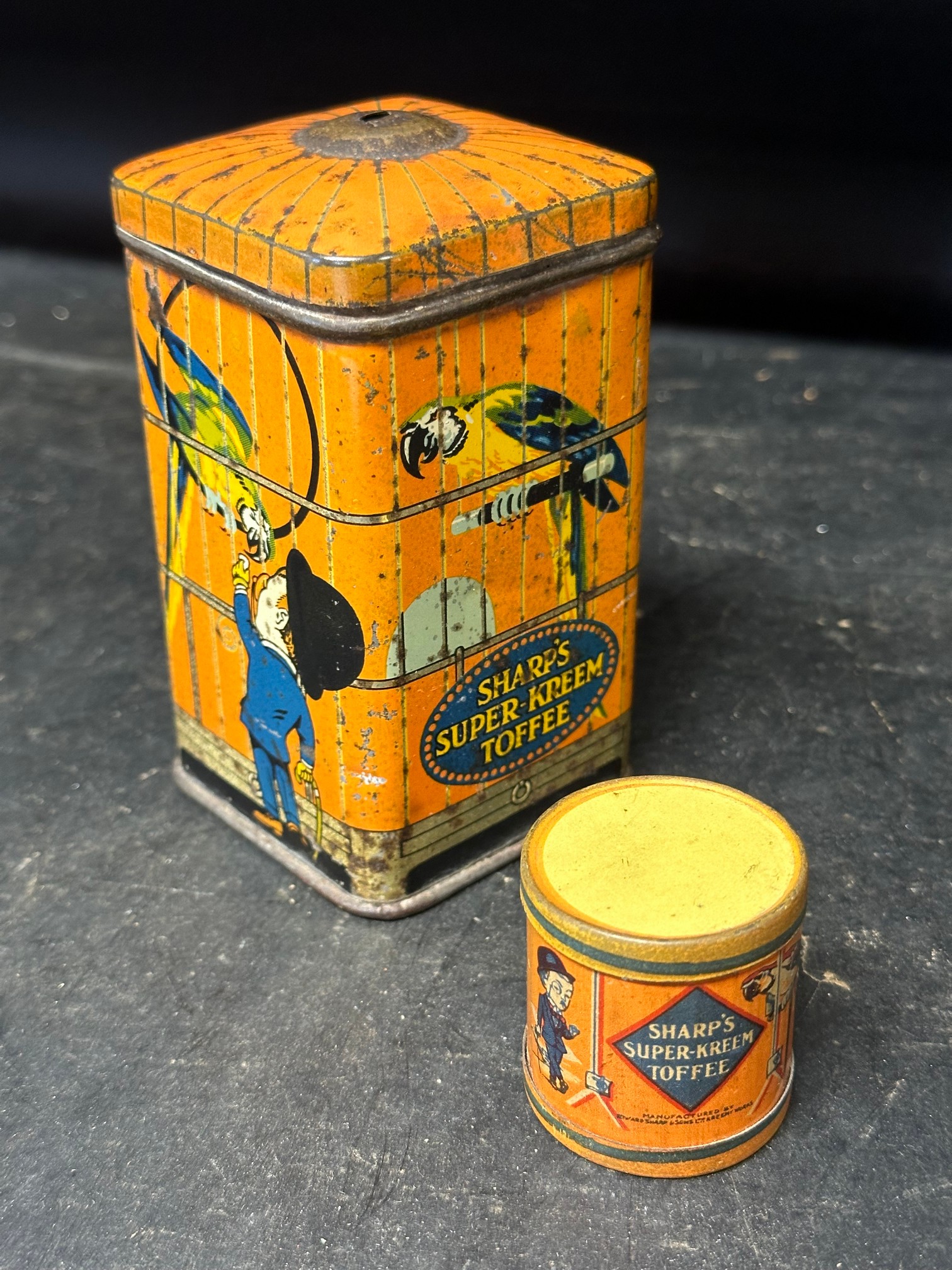 A Sharp's Super Kreem Toffee string dispensing tin, 4 1/4 x 2 1/4" and a miniature drum tin, 1 1/ - Image 3 of 6