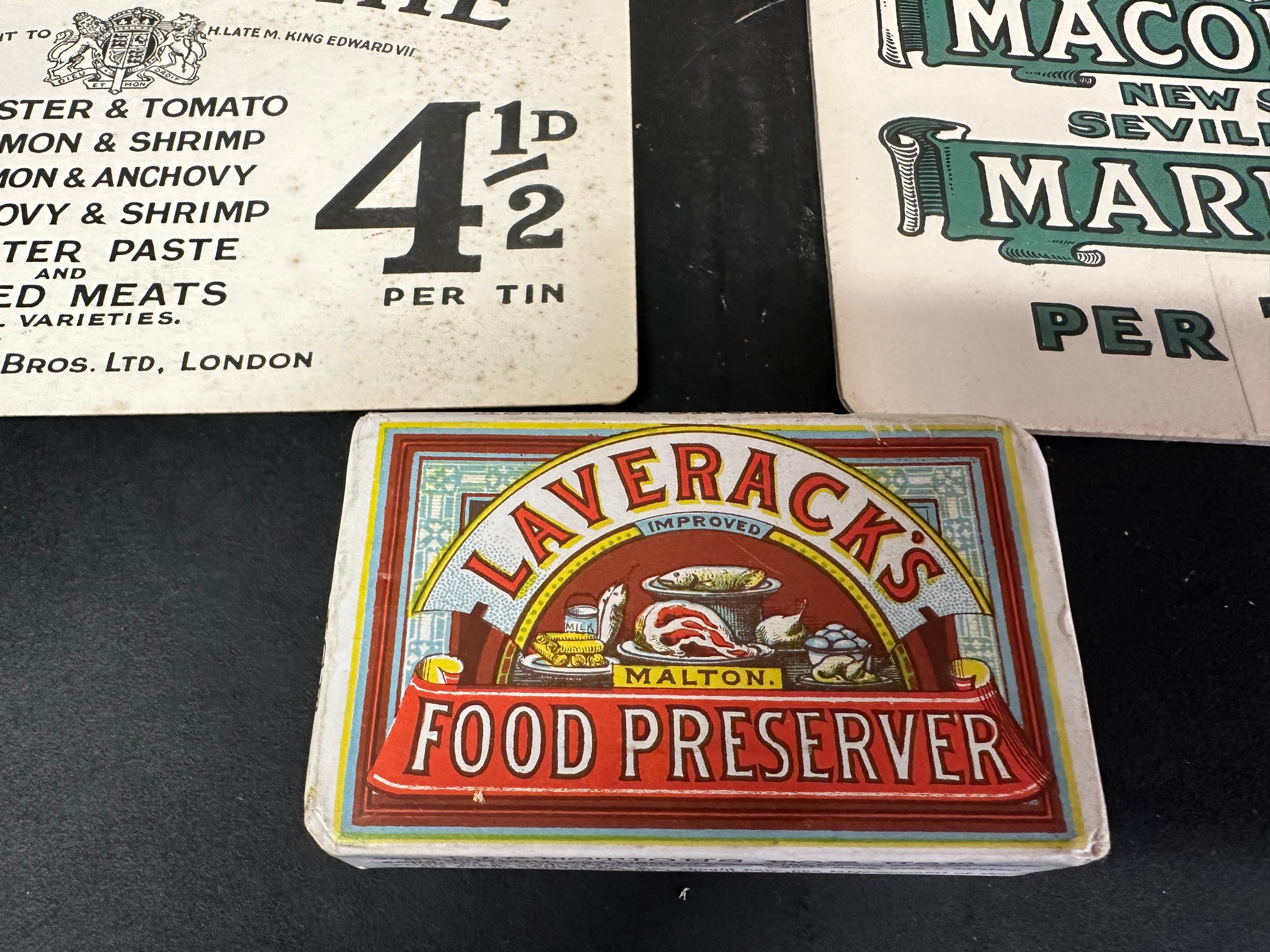 A Laverick's dummy bar, two Maconochie price cards, and five preserve jars. - Image 4 of 7