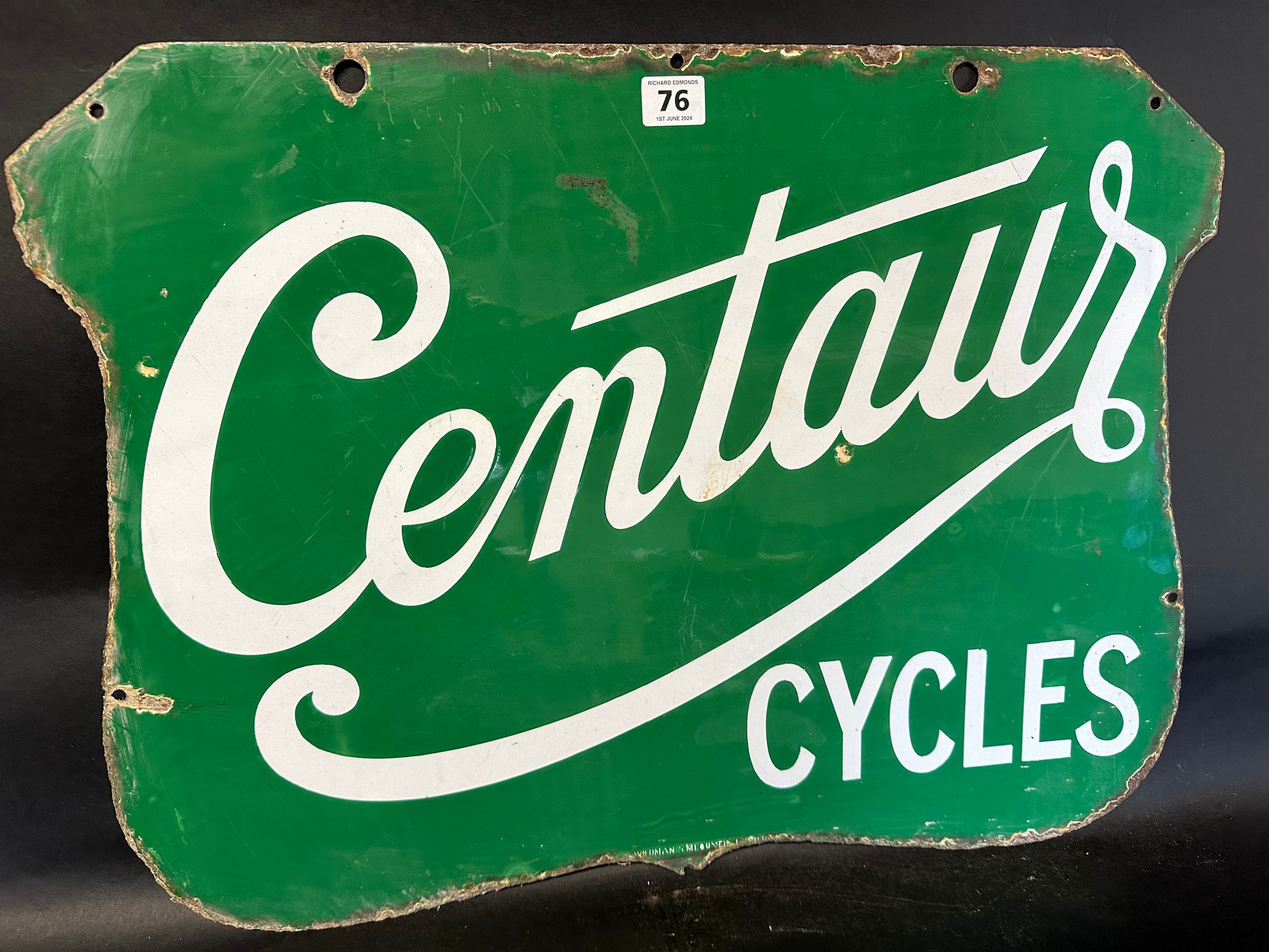 A Centaur Cycles hanging enamel advertising sign by Wildman & Meguyer, 24 x 17 3/4".