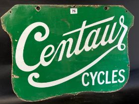 A Centaur Cycles hanging enamel advertising sign by Wildman & Meguyer, 24 x 17 3/4".
