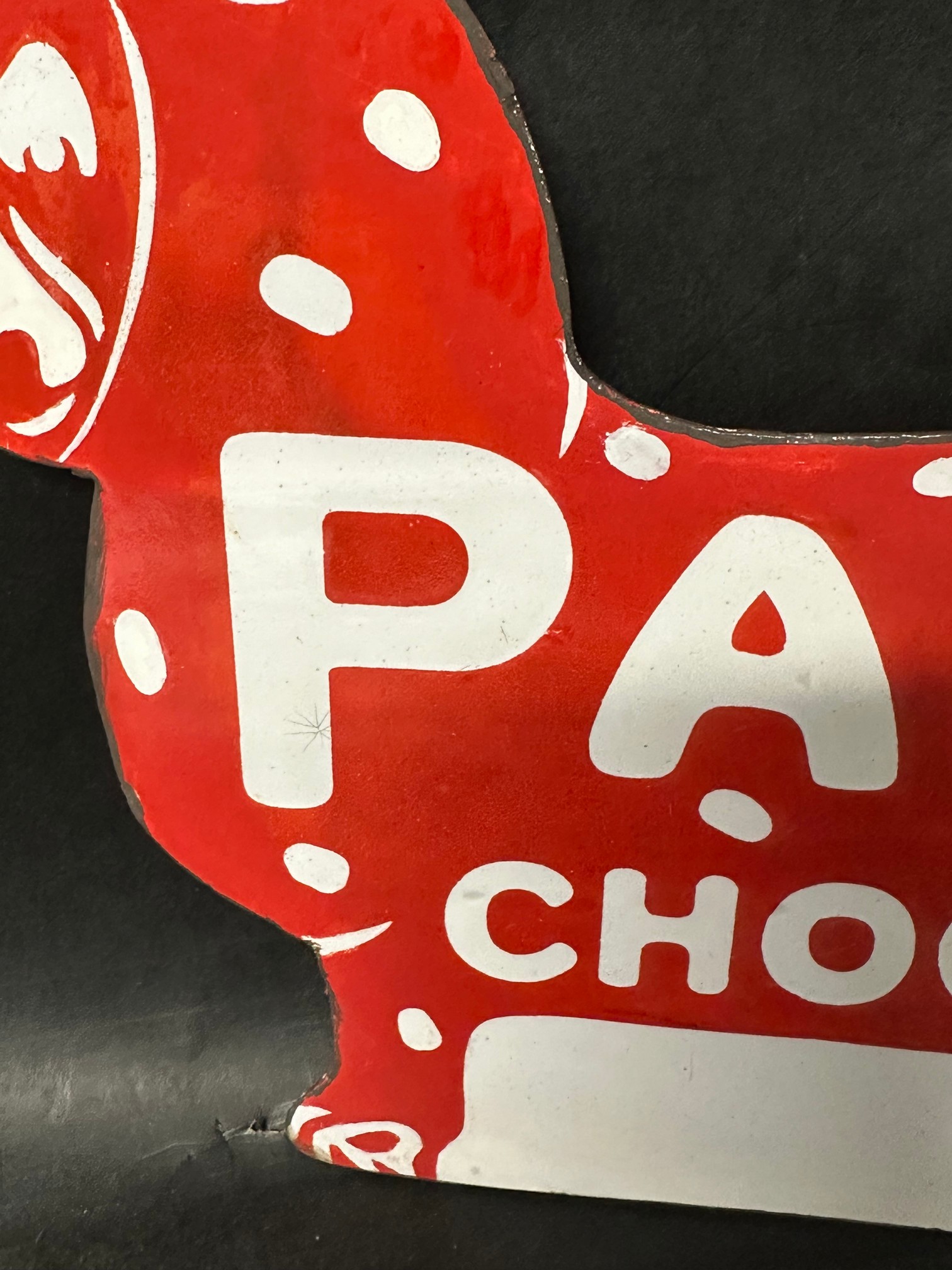 A Packer's Chocolates die cut double sided enamel advertising sign in the form of a dog, with - Image 9 of 13