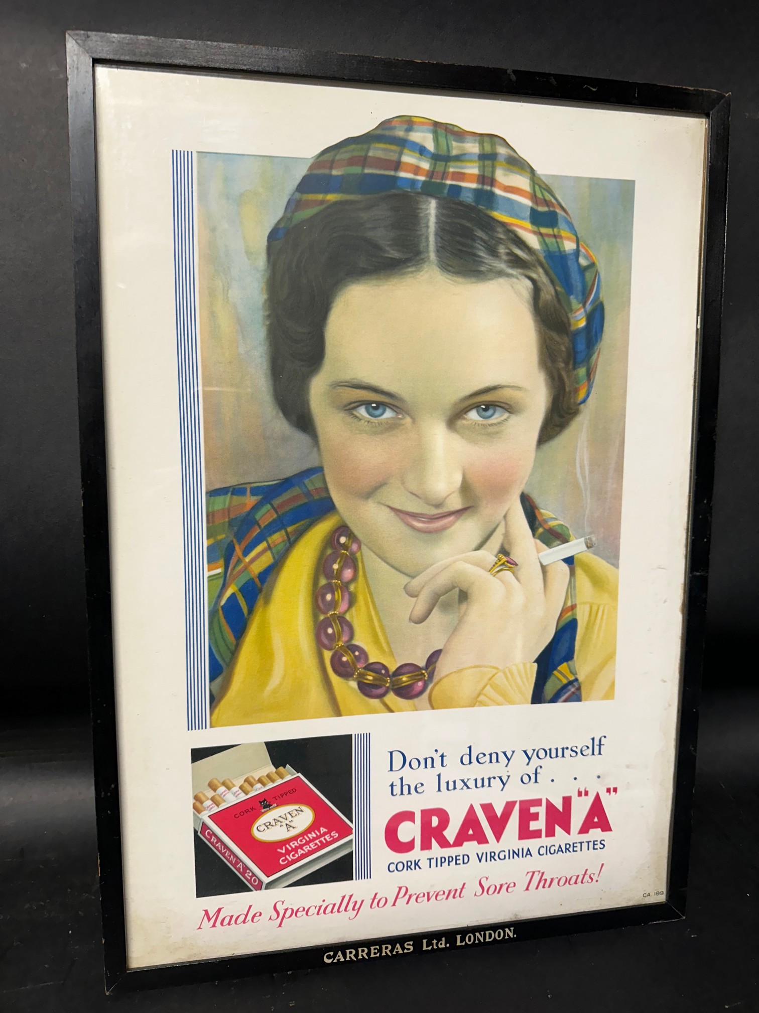 A Craven "A" Cigarette 'Made Specially to Prevent Sore Throats!' showcard in Carreras Ltd. London