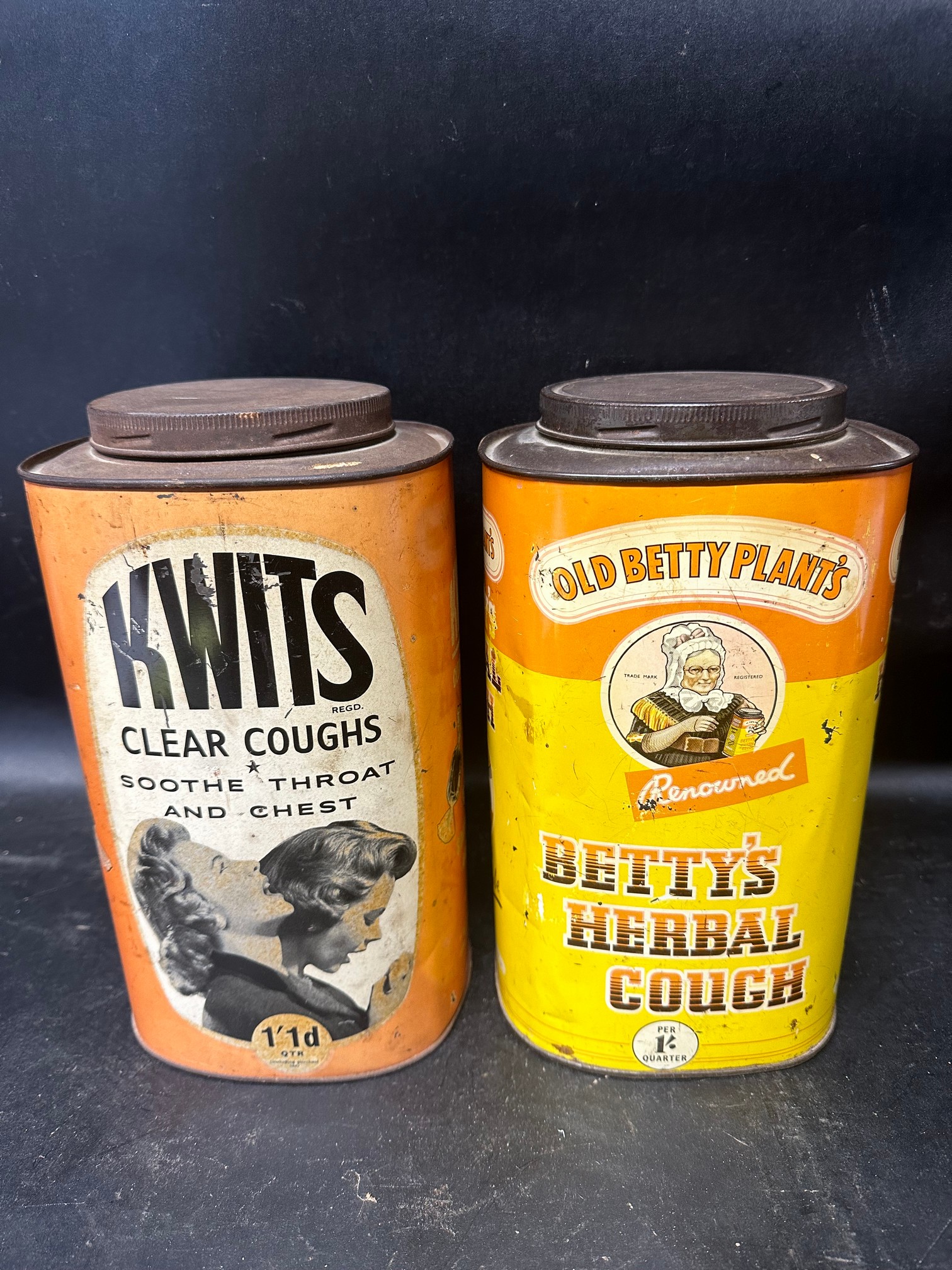 A Kwits Clear Coughs 5lbs tin (F.W. Hampshire & Co. Ltd. Sunnydale, Derby) and an Old Betty Plant'