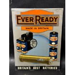 An Ever Ready 'Britains Best Batteries' tin advertising sign, with hook for hanging and stand for