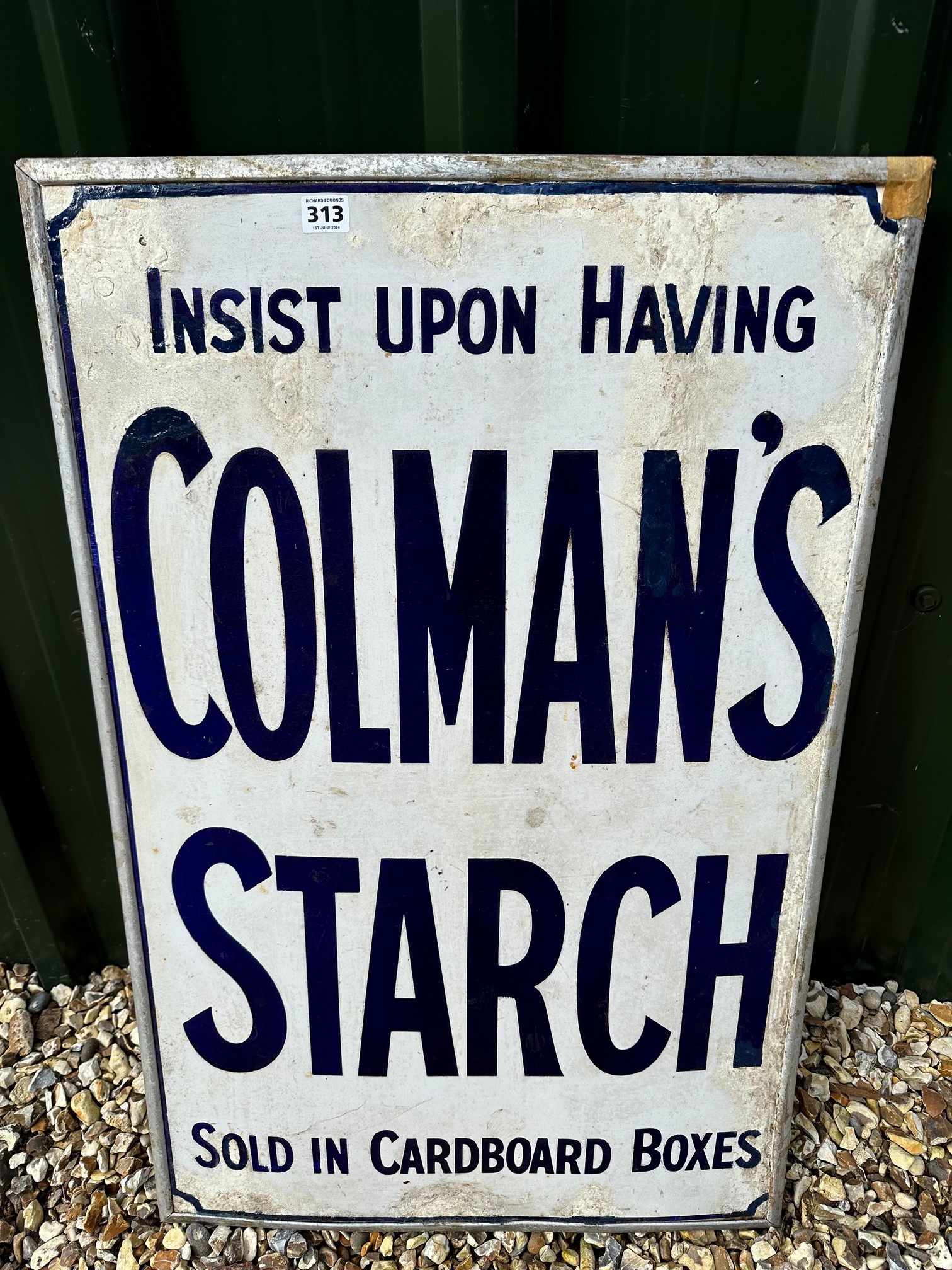 A Colman's Starch Sold in Cardboard Boxes enamel advertising sign set within metal frame, amateur