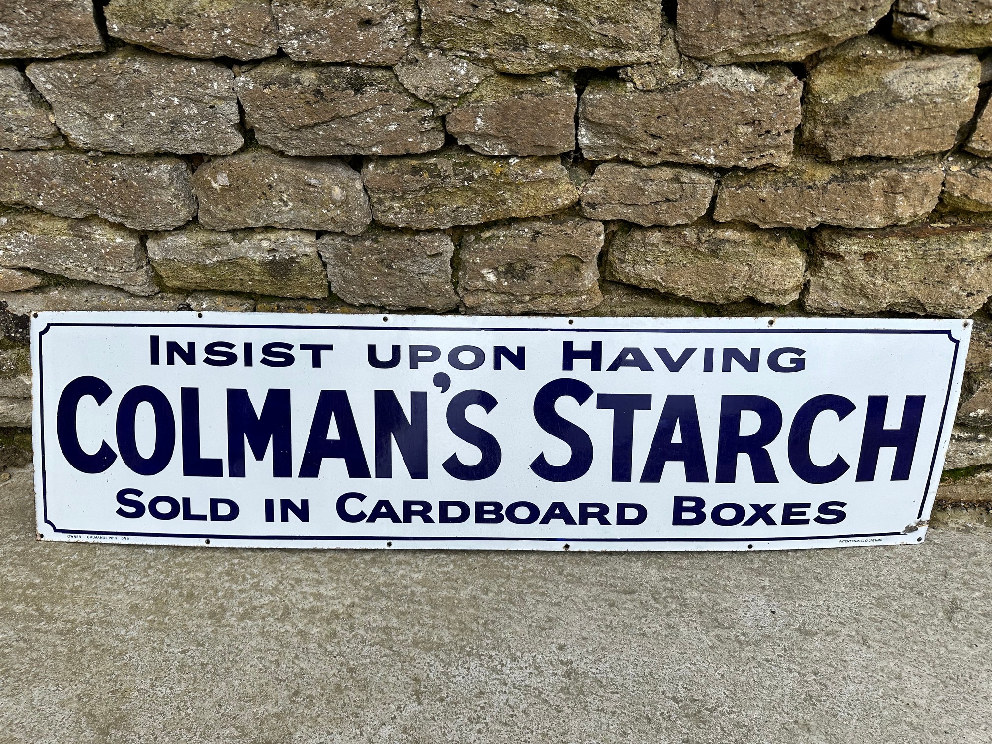 A Colman's Starch 'Sold in cardboard boxes' enamel advertising sign by Patent Enamel Co. Ltd. 62 1/2