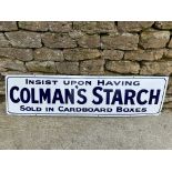 A Colman's Starch 'Sold in cardboard boxes' enamel advertising sign by Patent Enamel Co. Ltd. 62 1/2