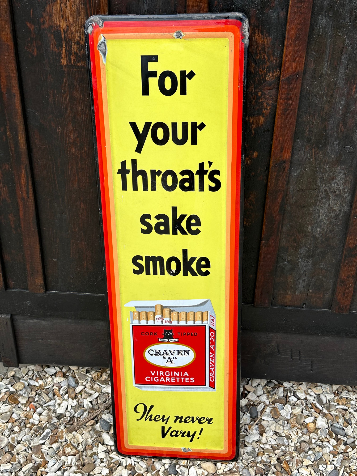 A Craven "A" Cigarettes For Your Throat's Sake Smoke enamel advertising sign, 11 1/4 x 37 1/2".