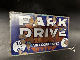 A Park Drive cigarettes double sided enamel advertising sign with hanging flange, 11 1/2 x 7".