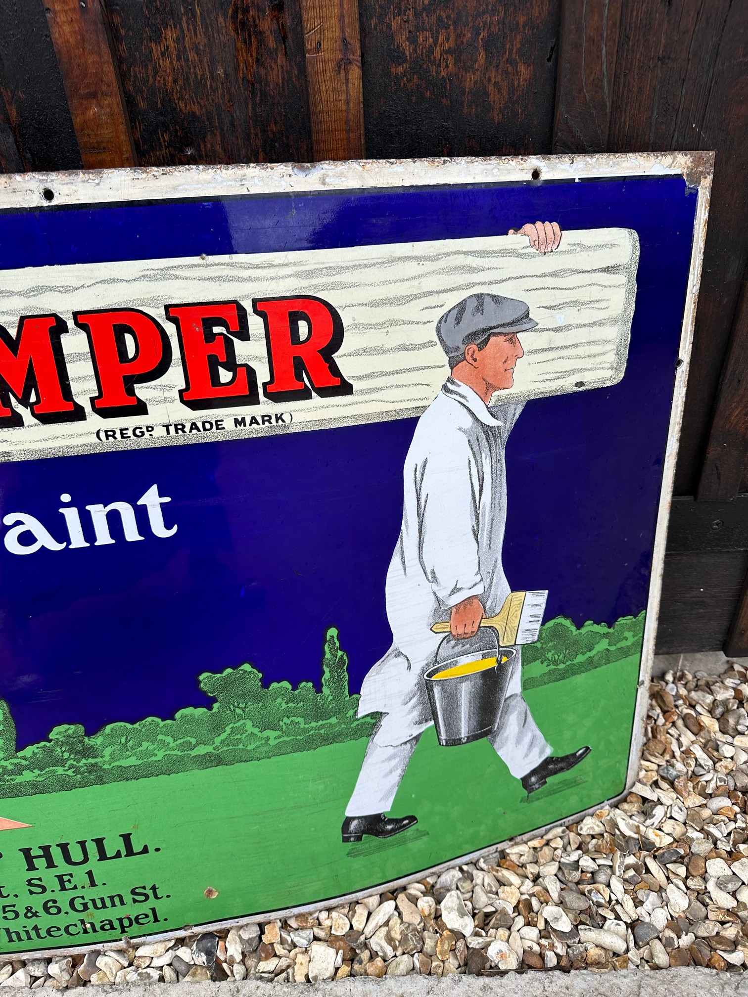 A Hall's Distemper enamel advertising sign depicting two decorators carrying paint and a plank, by - Image 6 of 6