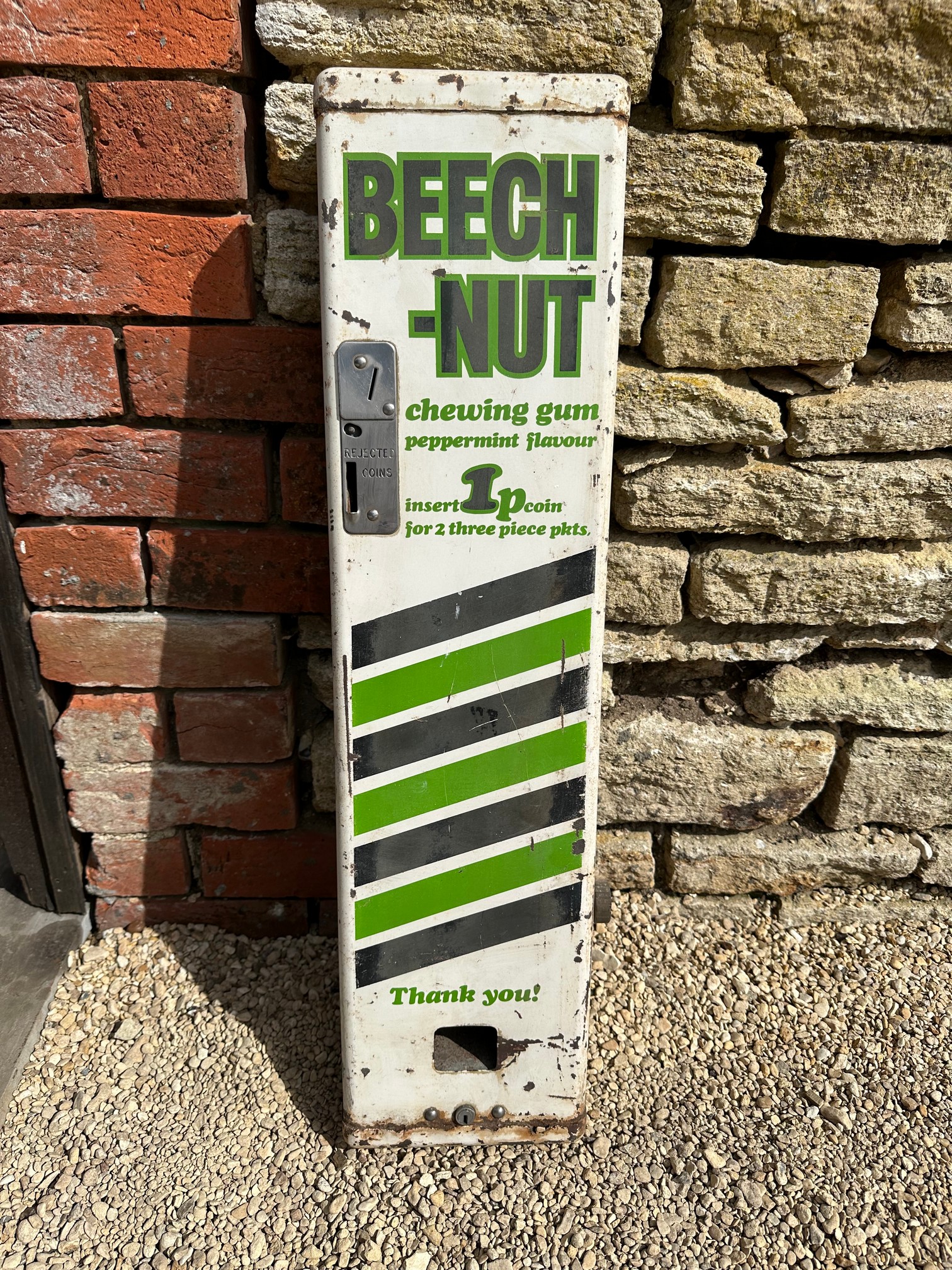 A Beech-Nut Chewing Gum vending machine '1p', for Rowntree Mackintosh Ltd. 8 x 32 1/2".