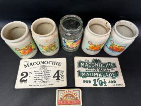 A Laverick's dummy bar, two Maconochie price cards, and five preserve jars.