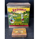 A Radiance Devon Cream Toffee tin, Radiance Toffee Works, Doncaster, 6 3/4 x 5 3/4 x 1/2" and a