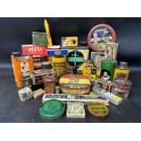 A large box of household products inc. Swan and other metal polishes, mops, Ever Ready torch,