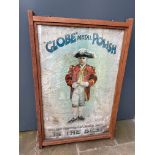 A large hanging wooden frame containing advertising for Globe Metal Polish to each side