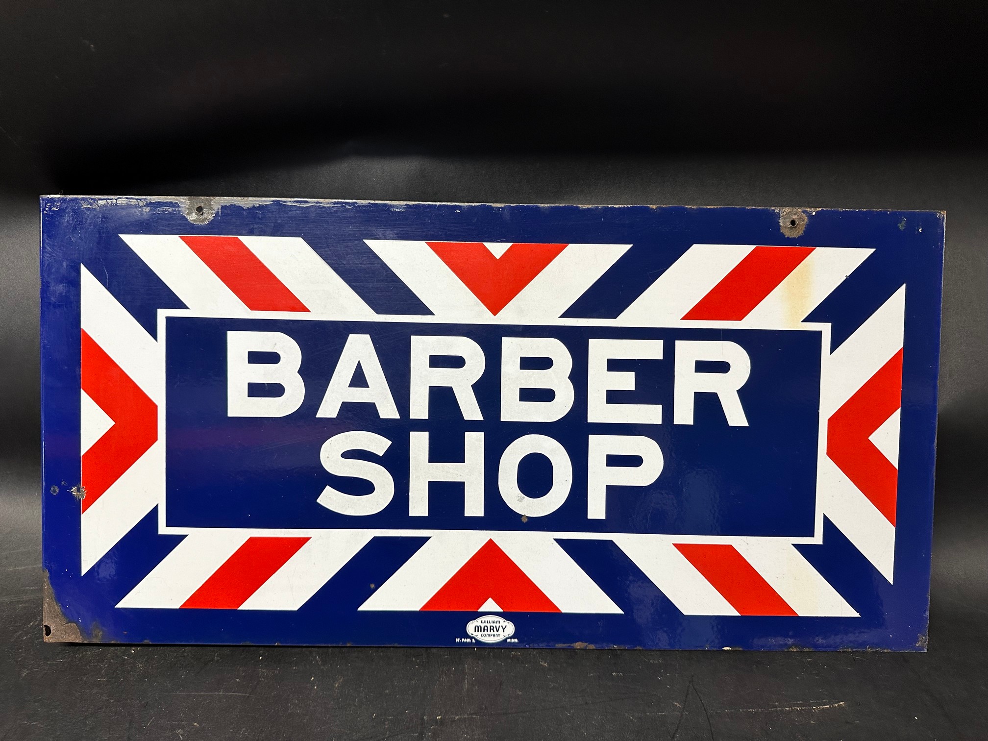 A Barber Shop double sided enamel sign with hanging flange by William Marvy Company, 24 x 12".