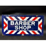 A Barber Shop double sided enamel sign with hanging flange by William Marvy Company, 24 x 12".