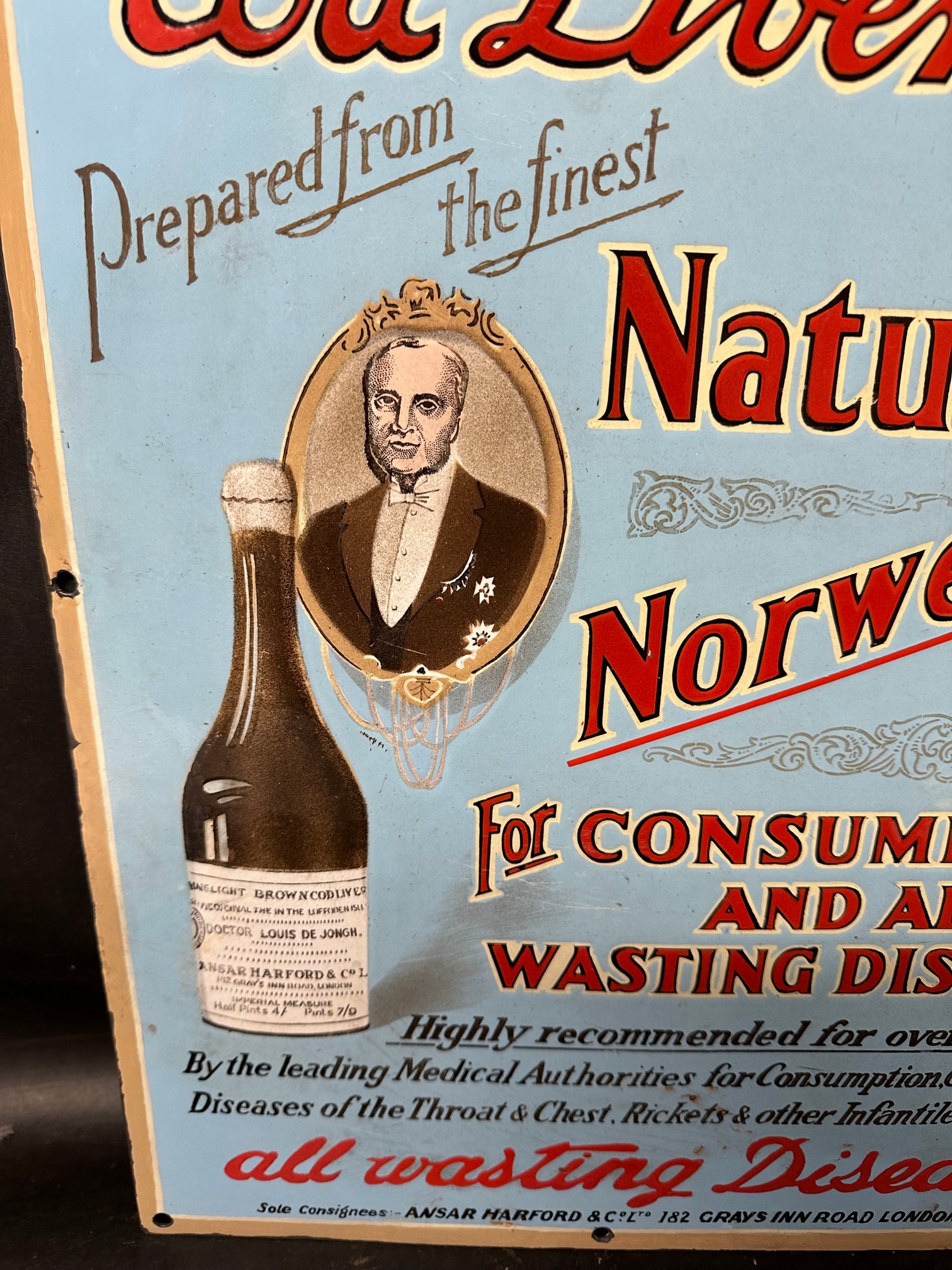 A Dr. De Jongh's Oil for 'all wasting diseases' enamel advertising sign, restored to edges, 15 1/2 x - Image 6 of 8