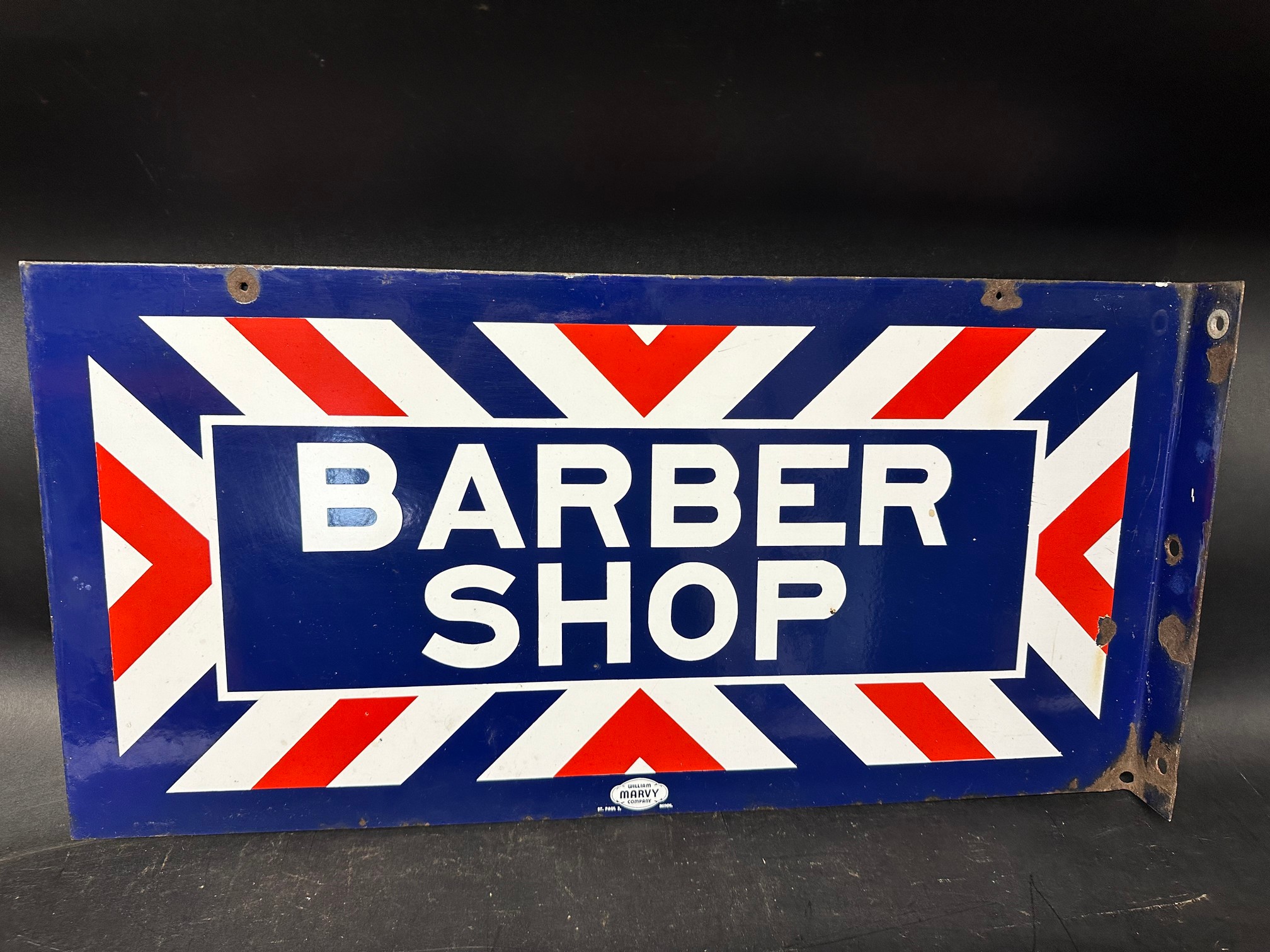 A Barber Shop double sided enamel sign with hanging flange by William Marvy Company, 24 x 12". - Image 2 of 2