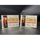 Two 1930s C.W.S. Productions pictorial tin advertising signs, each 8 x 6".