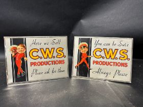 Two 1930s C.W.S. Productions pictorial tin advertising signs, each 8 x 6".