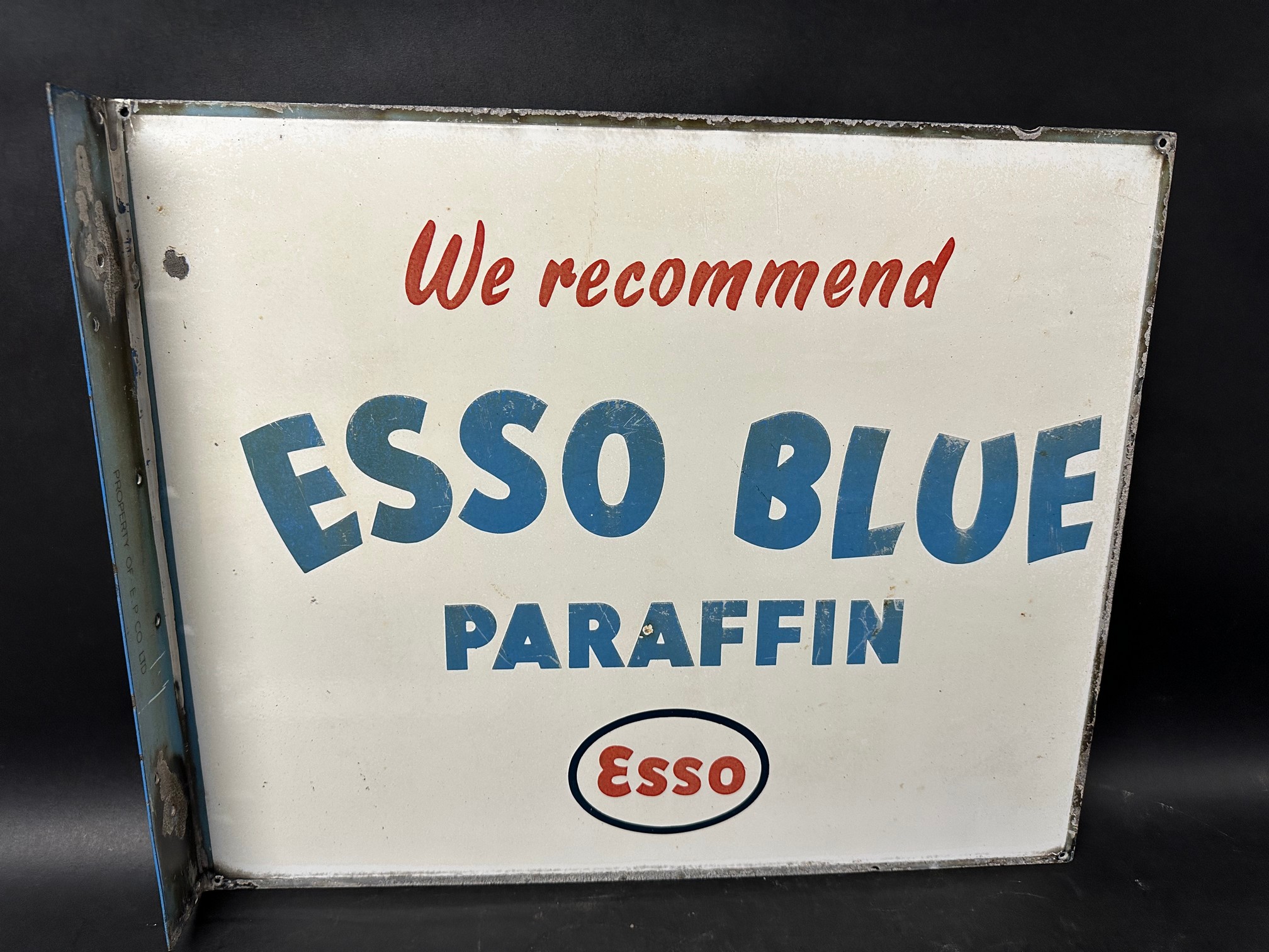 An Esso Blue Paraffin double sided enamel sign with hanging flange. Marked as Property of E.P.Co - Image 7 of 10