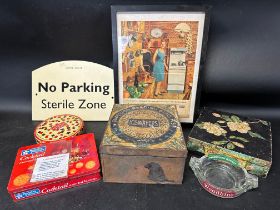 A selection of biscuit tins including Huntley & Palmers, a framed GEC advert, a Wills's Woodbine