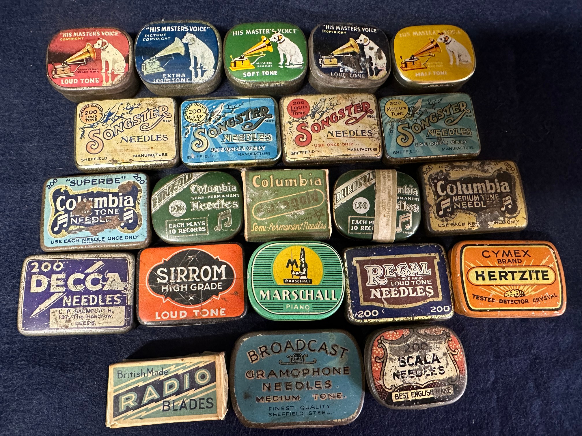 A selection of needle tins etc inc. HMV, Songster, Marschall, Sirrom, Columbia, Regal, Broadcast