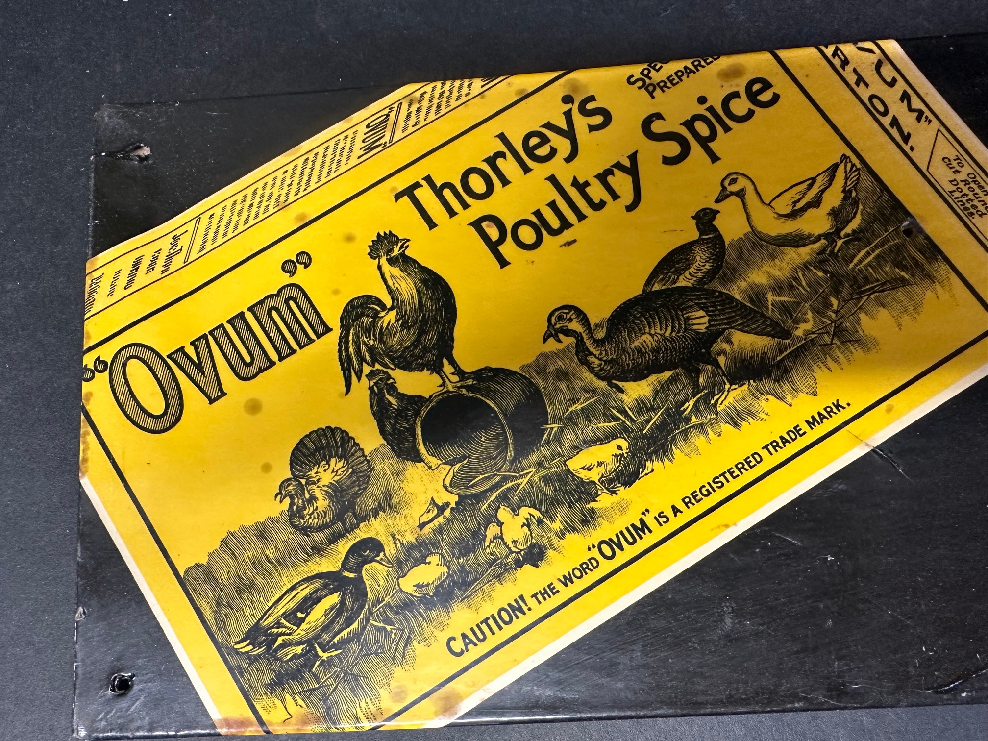 A Thorley's OVUM Poultry Spice advertising sign/showcard, 18 3/4 x 6 1/2", some restoration. - Bild 3 aus 5