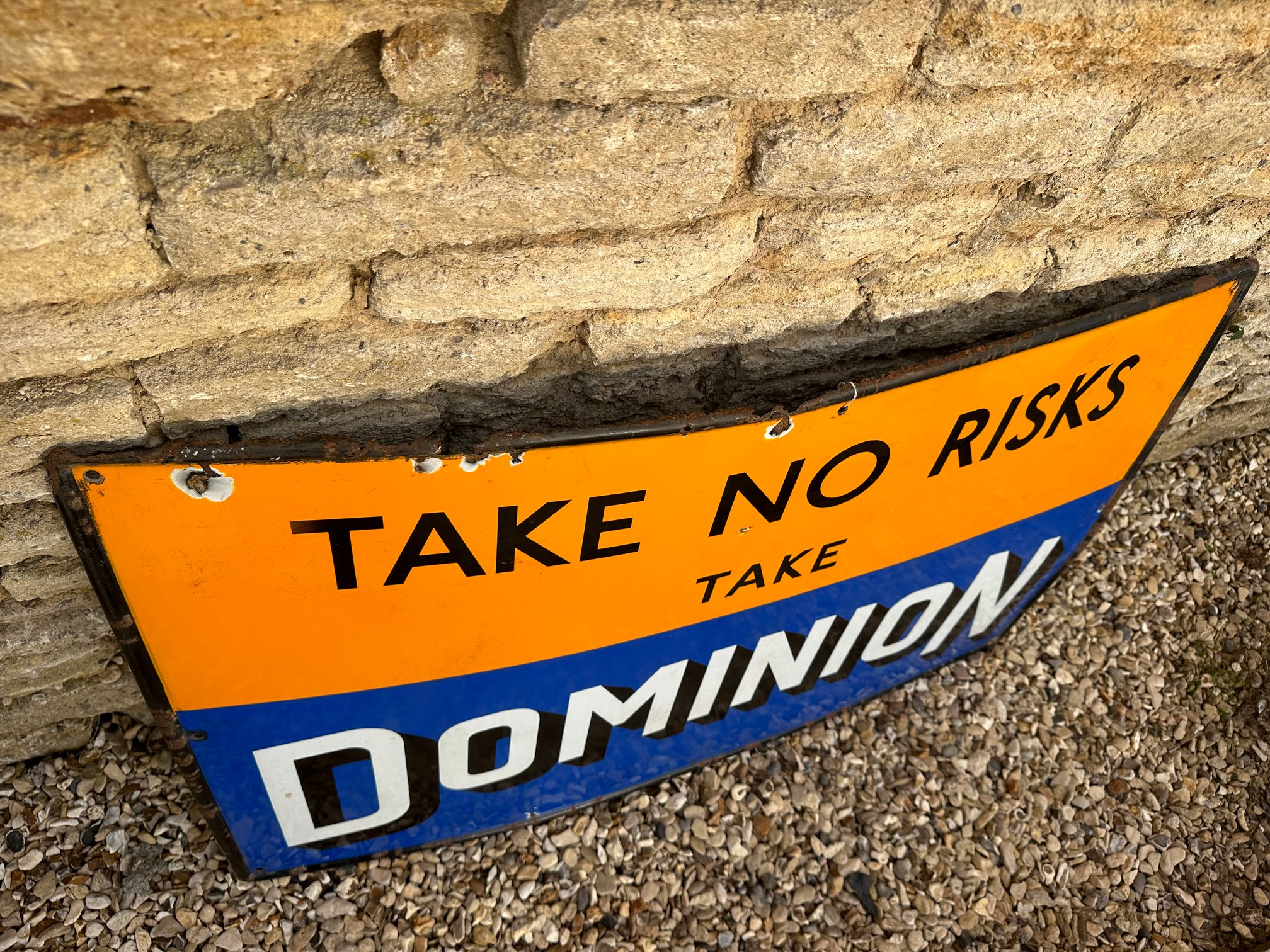 A Dominion "Take No Risks" single sided enamel adverting sign of good colour, 48 x 31". - Image 8 of 8